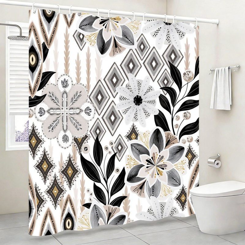 Rideau de bain Boho à motif géométrique blanc cassé avec crochets 72 po x 72 po (180 x 180 cm)