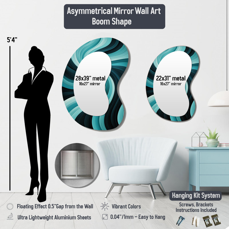 Lene Golden And Blue Splendor Chevron Pattern - Chevron Unique Shape Unique Wall Mirror, Glam Asymmetrical Mirror, Printed Metal Art
