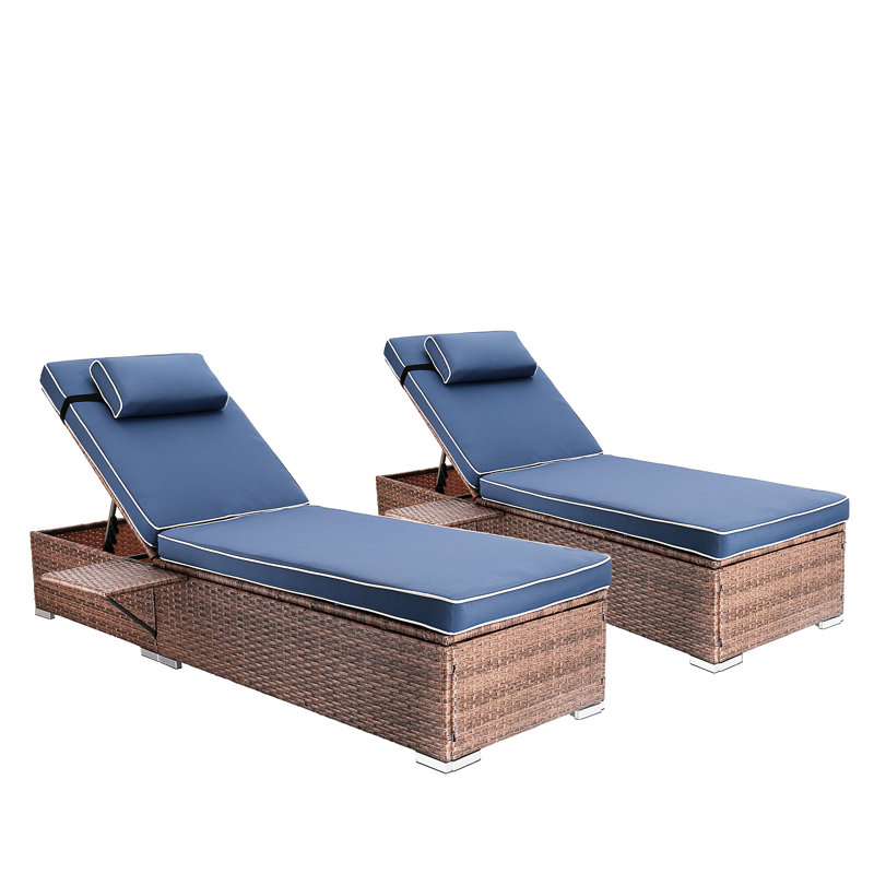 Outdoor Wicker Chaise Lounge Set Patio Reclining Chaise With Side Table And Cushions, Navy