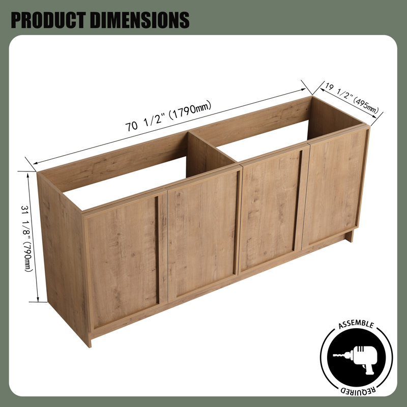 Base de meuble-lavabo autoportant 72 pouces avec portes à fermeture douce et tablettes réglables, 72 Inch