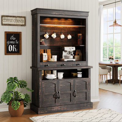 Meuble-bar à café avec éclairage DEL, haut de 183 cm, style ferme, avec rangements, buffet avec support pour micro-ondes, étagère en verre, 6 crochets et 3 tiroirs, idéal pour la cuisine, le salon ou la salle à manger, en chêne foncé.