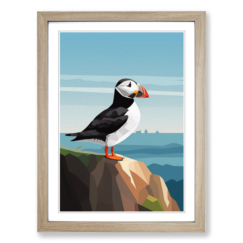 Puffin Minimalism - Single Picture Frame Print on Wood, Oak, 34cm H x 25cm W x 2cm D
