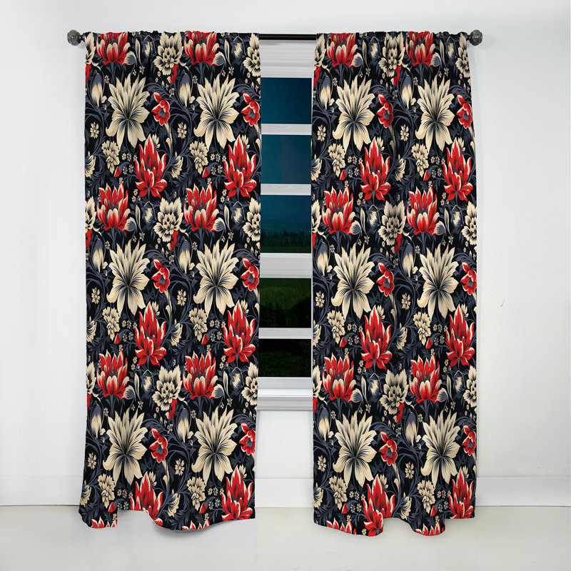 Motif floral damassé rouge et beige - 1 rideau occultant en velours damassé, L 52 po x L 63 po