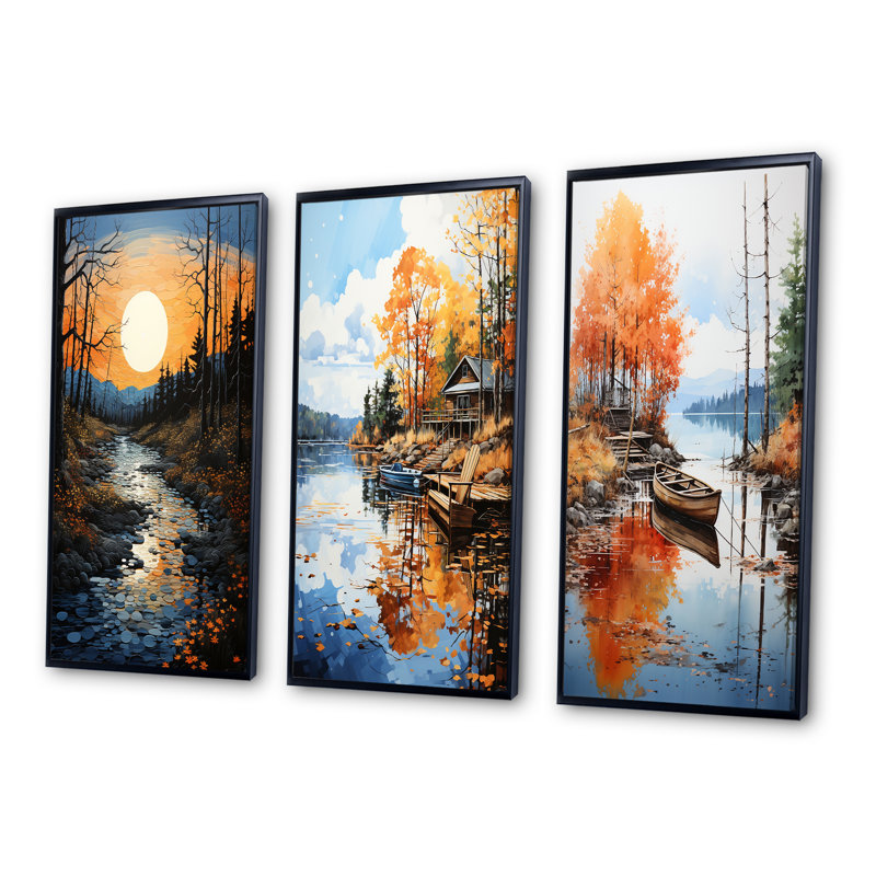 «Lake At Dusk», 3 pièces sur toile, Cadre noir, H 20 po x l 36 po