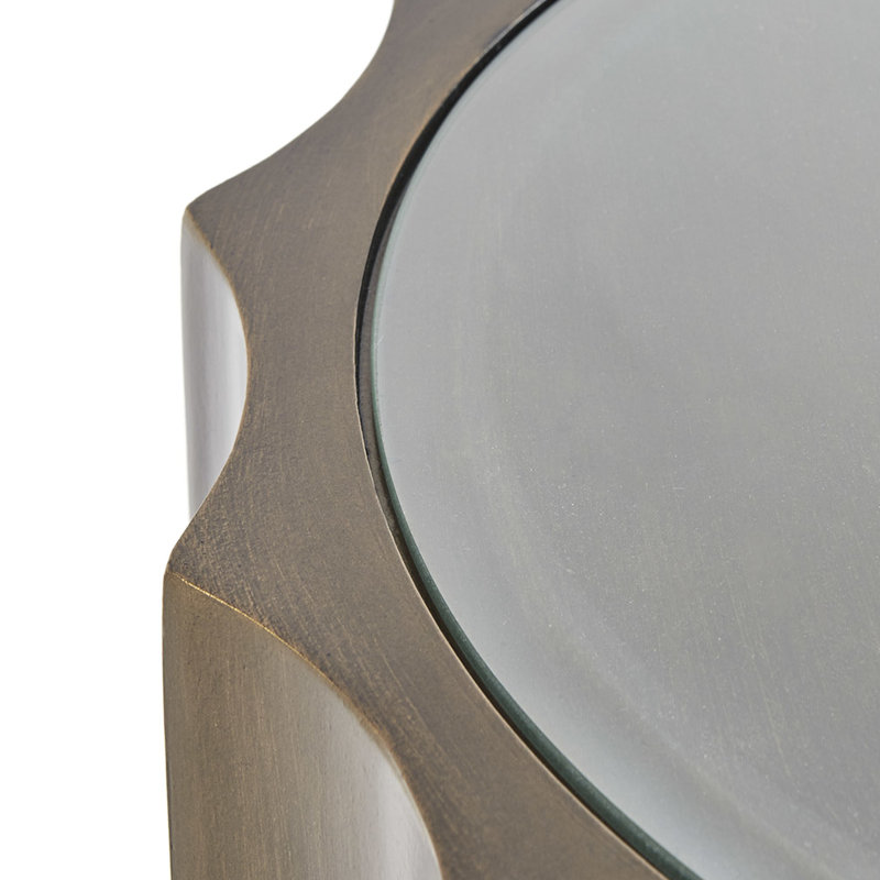 Table d'appoint, surface de travail en verre trempé à bords festonnés, bronze, table sans assemblage avec plateau et rebord, finition bronze, fabrication en bois,