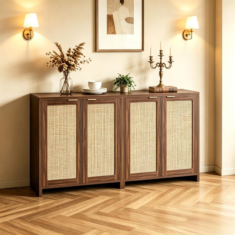 62" W Rattan Sideboard - Traditional Style With Modern Storage (Set Of 2), Brown