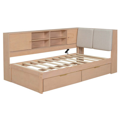 Wooden L-Shaped Daybed Corner Bed Under-Bed Drawers  With Storage Bookcase And Upholstered Headboard And USB Charging Ports For Limited Space