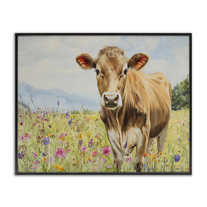 Vache suisse dans un pré, estampe numérique, design par Franklyn Gregory, Giclée encadrée noir minuit, H 16 po x l 20 po
