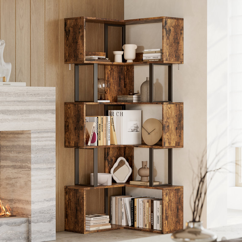 Space-Saving L-Shaped 6-Tier Corner Bookshelf, Brown