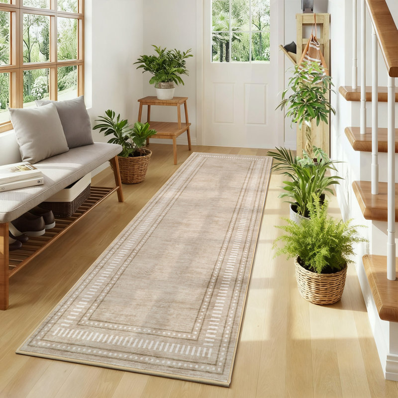 Tapis bordé lavable à la machine avec envers antidérapant Tapis antidérapant pour salon, Beige, Tapis de couloir 2 pi x 6 pi