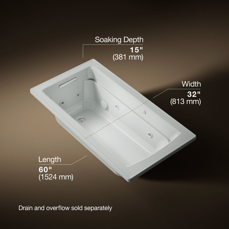 Archer 60" x 32" Drop In Whirlpool Acrylic Bathtub with Heater, Ice Grey