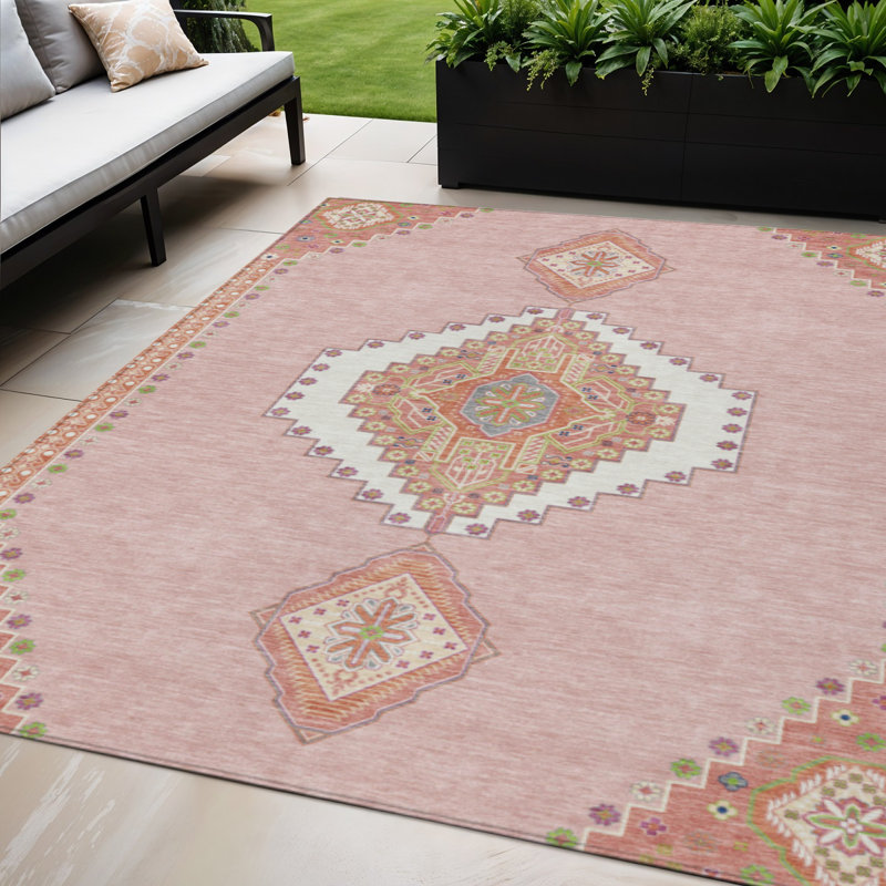Tapis d'intérieur lavable oriental rose, vert et ivoire 5 pi x 8 pi