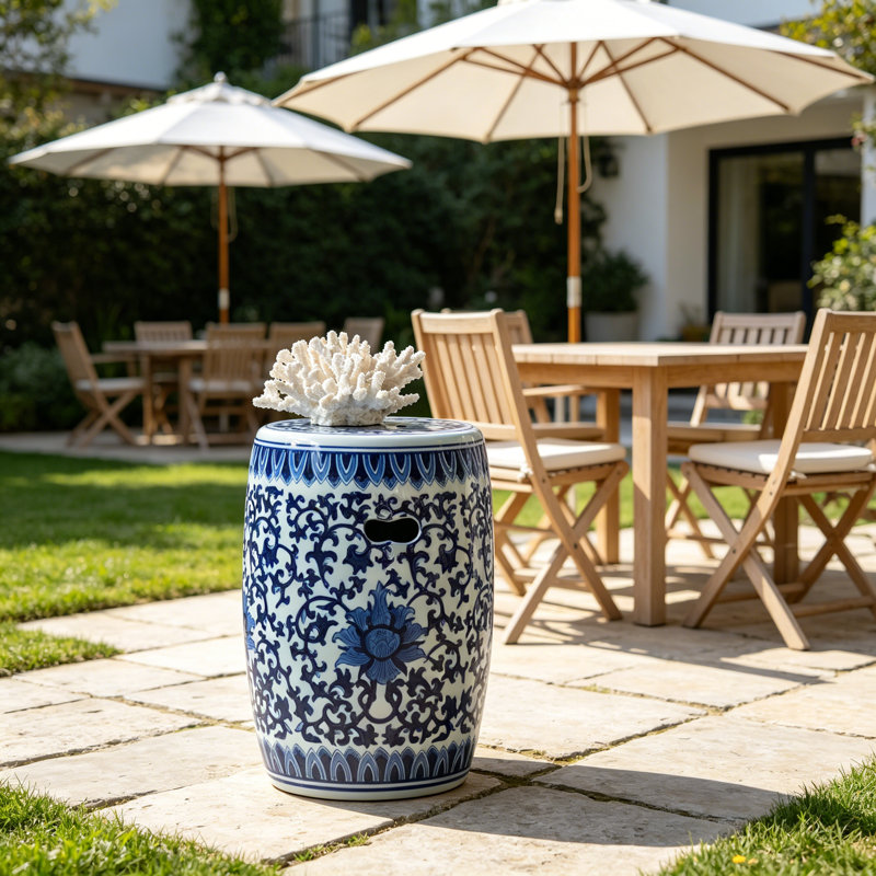 Tabouret de jardin en céramique, petit tabel latéral bleu et blanc, P 11 po x 16 po