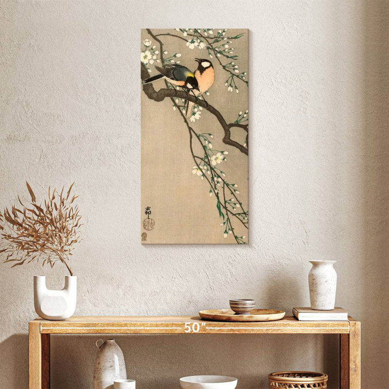 Oiseaux chanteurs sur une branche de cerisier, H 36 po x l 18 po