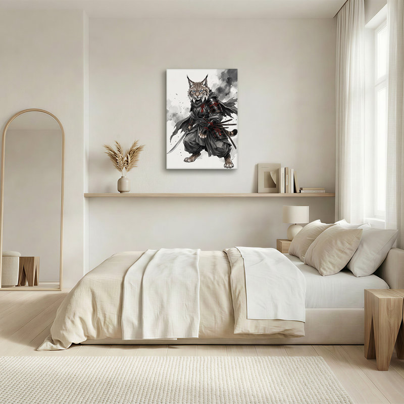 «Samurai Lynx in Black and White Ink Wash», art mural sur toile, H 18 po x l 12 po