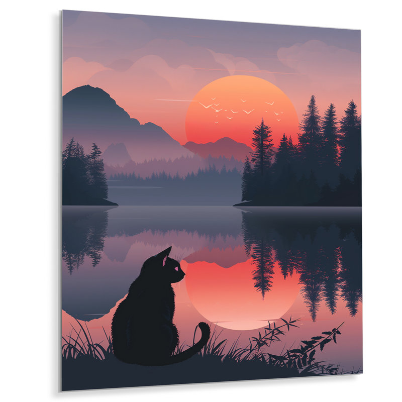 Chat rose noir avec silhouette de lac Sunset II, Métal métal, H 44 po x l 34 po