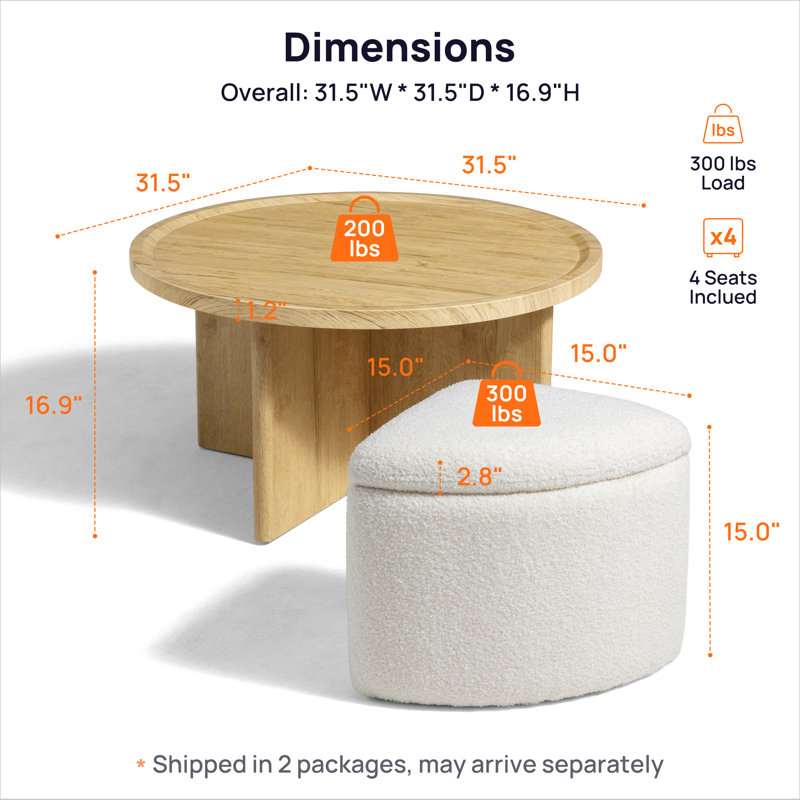 Table basse avec rangement pour 4 sièges, tables basses de style Mid-Century avec 4 repose-pieds en chenille, table centrale