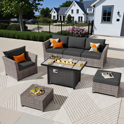 Ensemble de mobilier de patio pour 5 personnes sans assemblage requis, ensemble de conversation modulaire en rotin d'osier avec coussins, ensemble de conversation pour canapé toutes saisons pour jardin