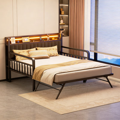 Multifunctional Sofa Bed With Foldable Table & LED Charging Headboard – Pull-Out Trundle Daybed For Small Spaces by Ivy Bronx