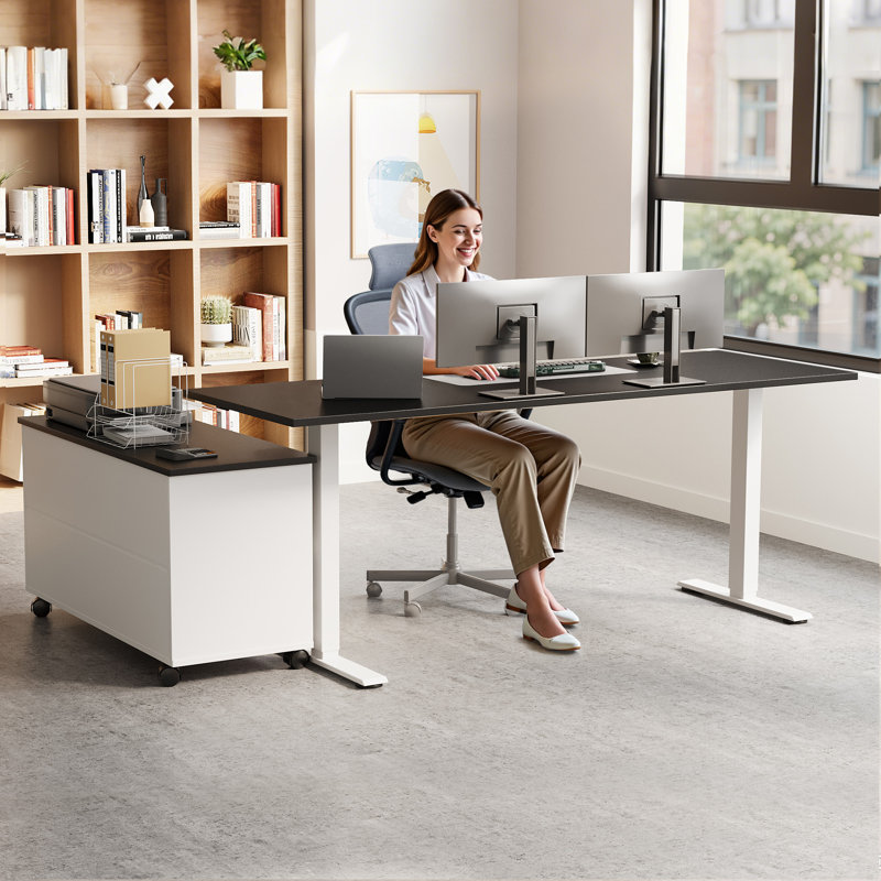 Bureau debout avec classeur spacieux, bureau en L réglable en hauteur avec structure robuste pour le bureau à domicile
