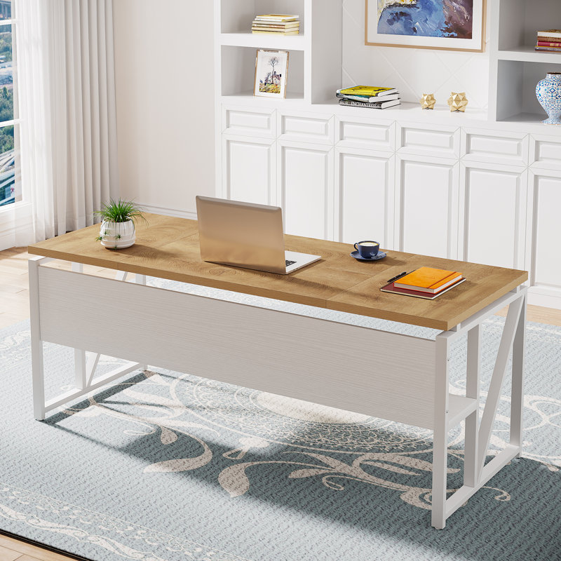 Bureau 63 pouces Moden Compute avec tablette de rangement, bureau d'écriture pour poste de travail, Blanc, Light Walnut