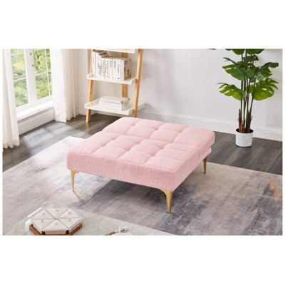 Convertible Single Sofa Bed Futon with Teddy Fabric Upholstery and Gold Metal Legs - Pink, Small Space Multi-functional Furniture