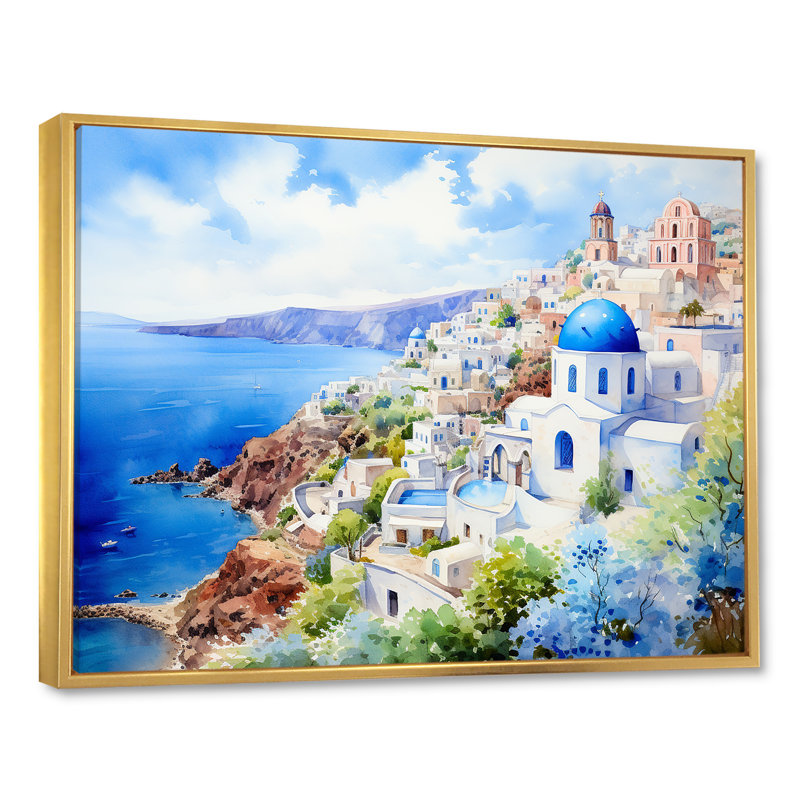 «Blue and White Santorini Village III - Grèce», art mural, Cadre flottant brun, H 12 po x l 20 po x P 1 po