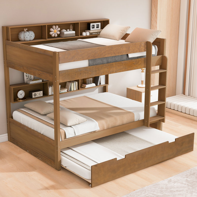 Lit double superposé double avec lit gigogne et tablettes intégrées, bois antique, Bois antique