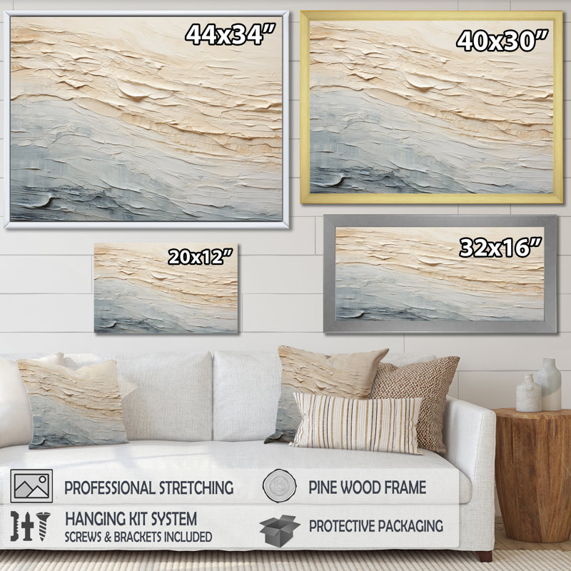 Décoration murale moderne bord de mer beige et gris I - Océan côtier, Cadre flottant doré, H 16 po x l 32 po x P 1 po