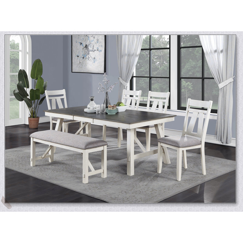 Ensemble de salle à manger 6 pièces avec table extensible, 4 chaises d'appoint et banc en tissu gris et plateau en bois blanc pour des repas élégants