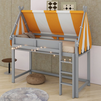 Twin Size Loft Bed With Canopy, LED Lights & Book Shelf