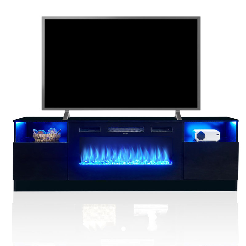 Black 70'' TV Stand with 36'' Electric Fireplace and LED Lights