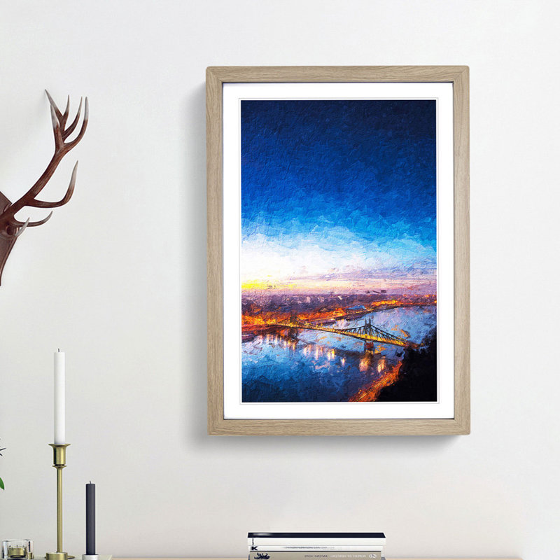 Budapest Skyline in Hungary in Abstract - Picture Frame Painting Print on MDF, Oak Framed, 65cm H x 48cm W x 2cm D