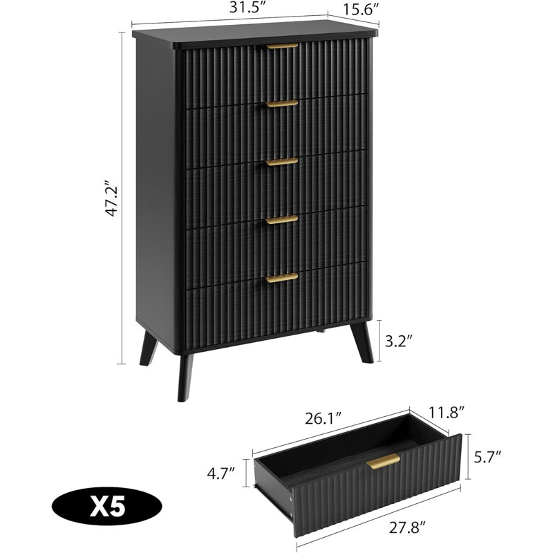 Commode pour chambre à coucher avec 5 tiroirs profonds, commode de 47,2 po de hauteur, conception à profil courbé, Noir