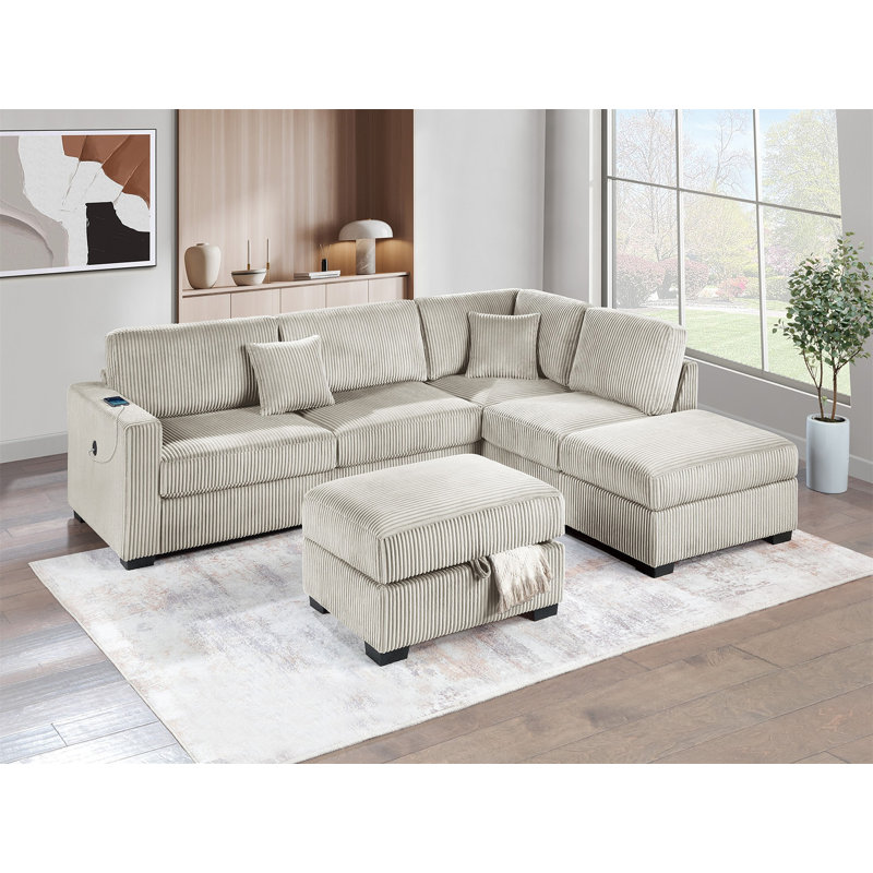 Wide Welt Corduroy Sectional Sofa Reversible Chaise Sofa W USB Storage Ottoman Upholstered Couch Pillows 3Pc Set Living Room