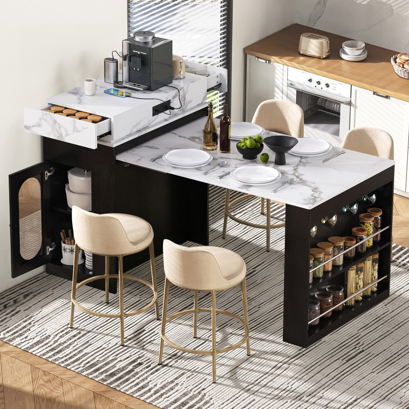 57.7" Kitchen Island With Extendable Top On Wheels, Kitchen Dining Table, Bar Table With Drawers And Power Outlet For Kitchen And Dining Room