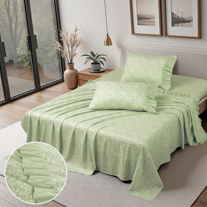 Printed Floral and Polka-Dot Ruffle Sheet Set, King, Green