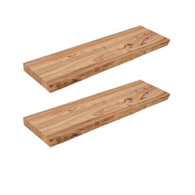 Floating Shelves Wall Mounted 24" Rustic Elm Wood Live Edge Set Of 2 With Invisible Brackets For Living Room Kitchen Bedroom