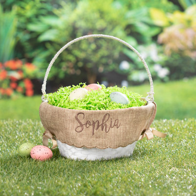 Brown Burlap Lined Easter Basket With Custom Name Embroidered In Taupe Thread On White Woven Basket With Collapsible Handle