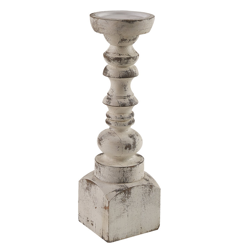 15'' H Wood Tabletop Candlestick, White