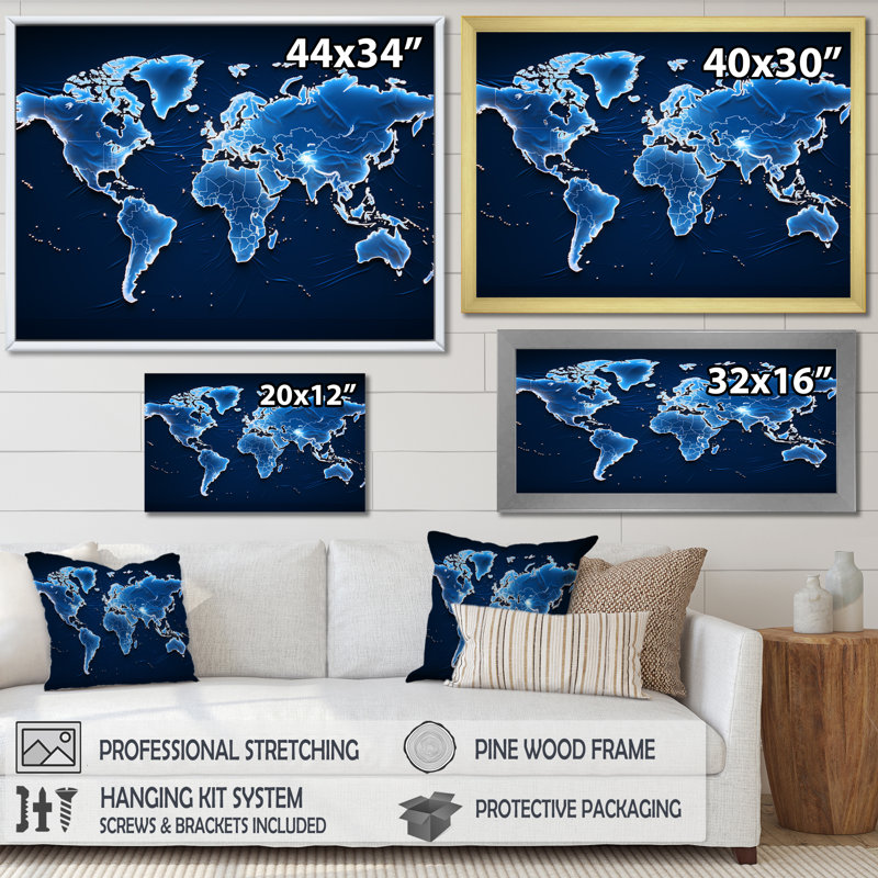 Méridiens majestueux - carte du monde murale, Cadre simple noir, H 16 po x l 32 po x P 1 po