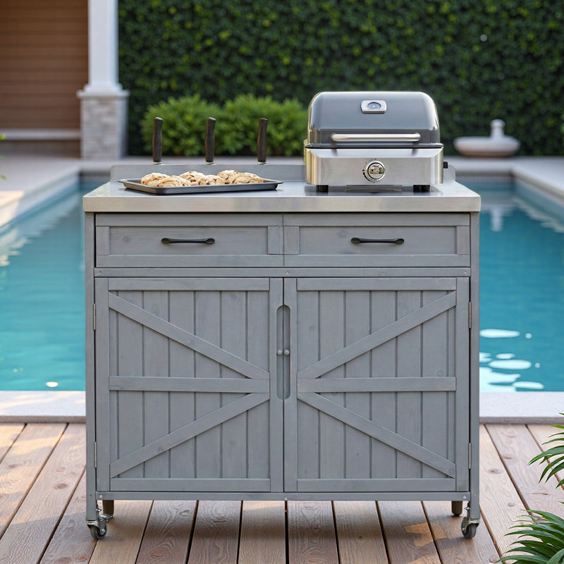 Îlot de cuisine extérieur avec plateau en acier inoxydable, grand tiroir, tablettes réglables, supports de rangement internes et 4 roulettes