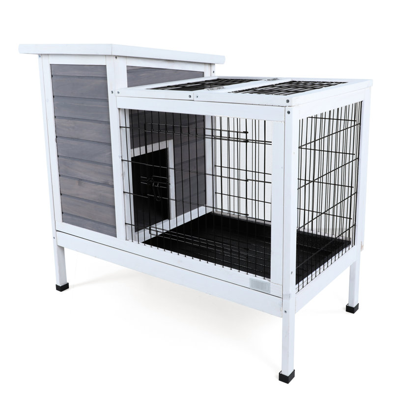Cage à lapins en bois à deux niveaux pour l'intérieur pour petits animaux avec piste et plateau en plastique étanche, gris