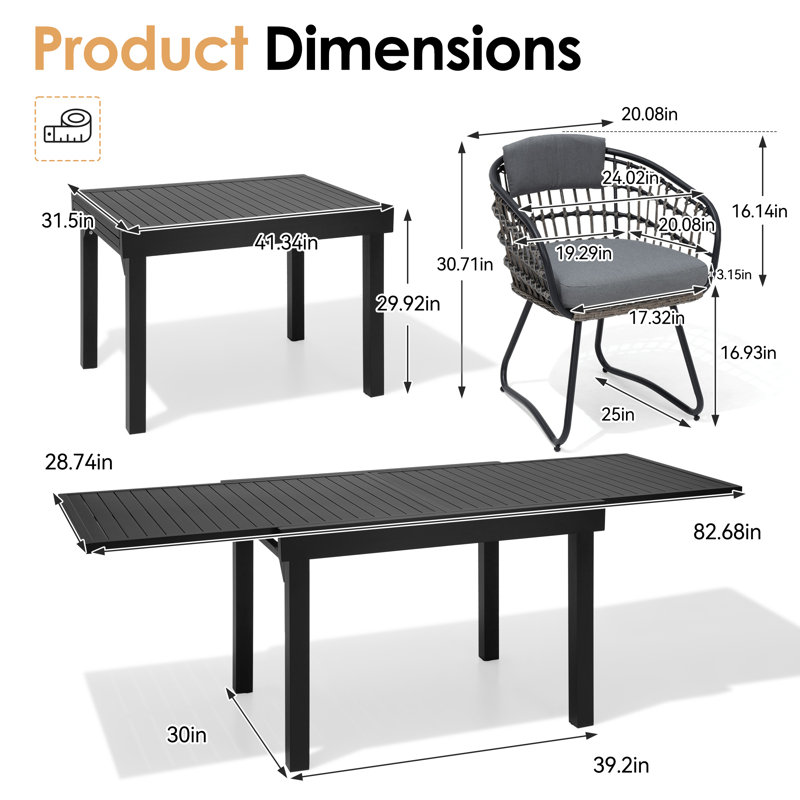 Warran 6 - Person Aluminum Extendable Outdoor Dining Set with Removable Cushions, Gray, 6 Person