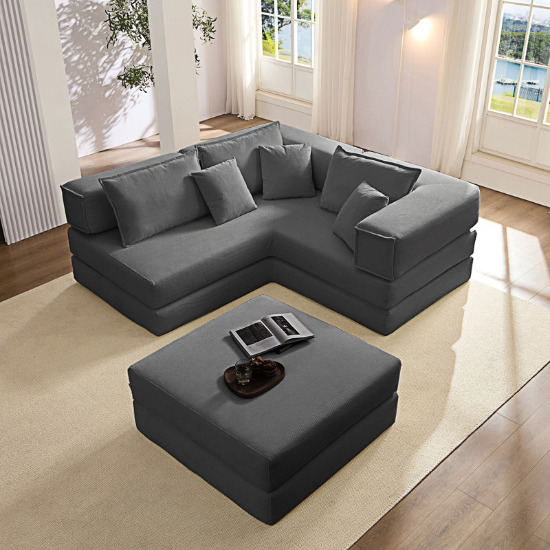 Canapé modulaire surdimensionné rembourré, canapé de sol en forme de L avec 6 coussins, Velours côtelé gris foncé