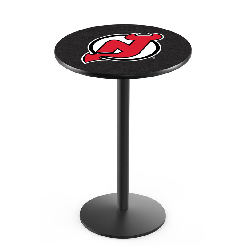NHL Round Metal Base Dining Table, New Jersey Devils, Black Wrinkle