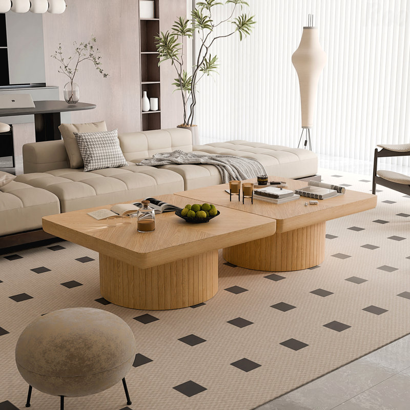 Table basse carrée 34,6 po pour salon avec plateau en placage de bois moderne avec motif de parquet et base cylindrique épaissie