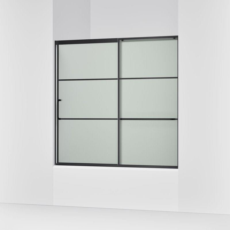Elate Sliding Bath Door, 56-3/4-In H X 56-1/4 - 59-5/8-In W With Heavy 5/16-In Thick Frosted Glass With Rectangular Grille Pattern