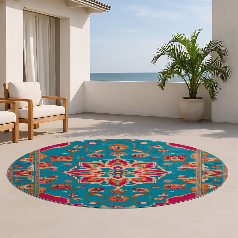 Tapis bleu intérieur et extérieur Tabriz, Rond 5 pi