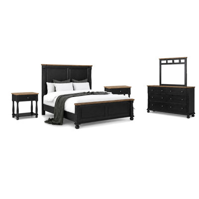 Ensemble de chambre avec grand lit 5 pièces Ginie, 2 tables de chevet USB, chêne brun rustique noir